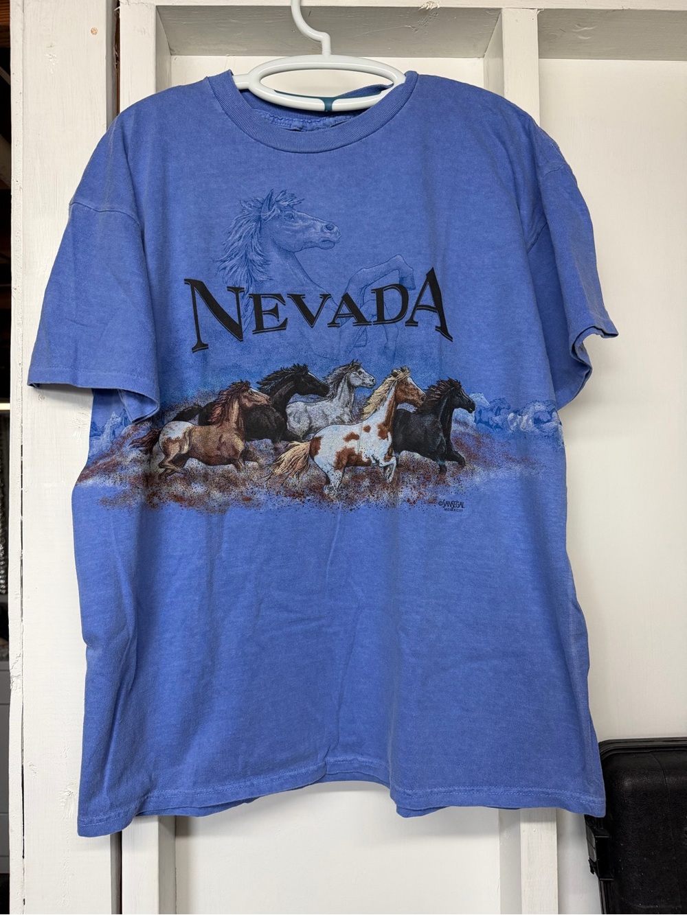 Nevada Vintage Wild Horses Graphic Tee Blue Front & Back Size Large Like New